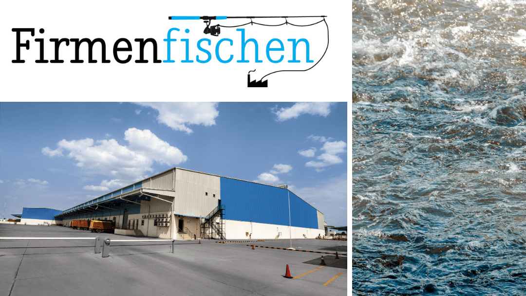 Illustration von Liste mit B2B-Firmen, Bild zeigt Lagerhalle und Wasser auf Firmenfischen.com